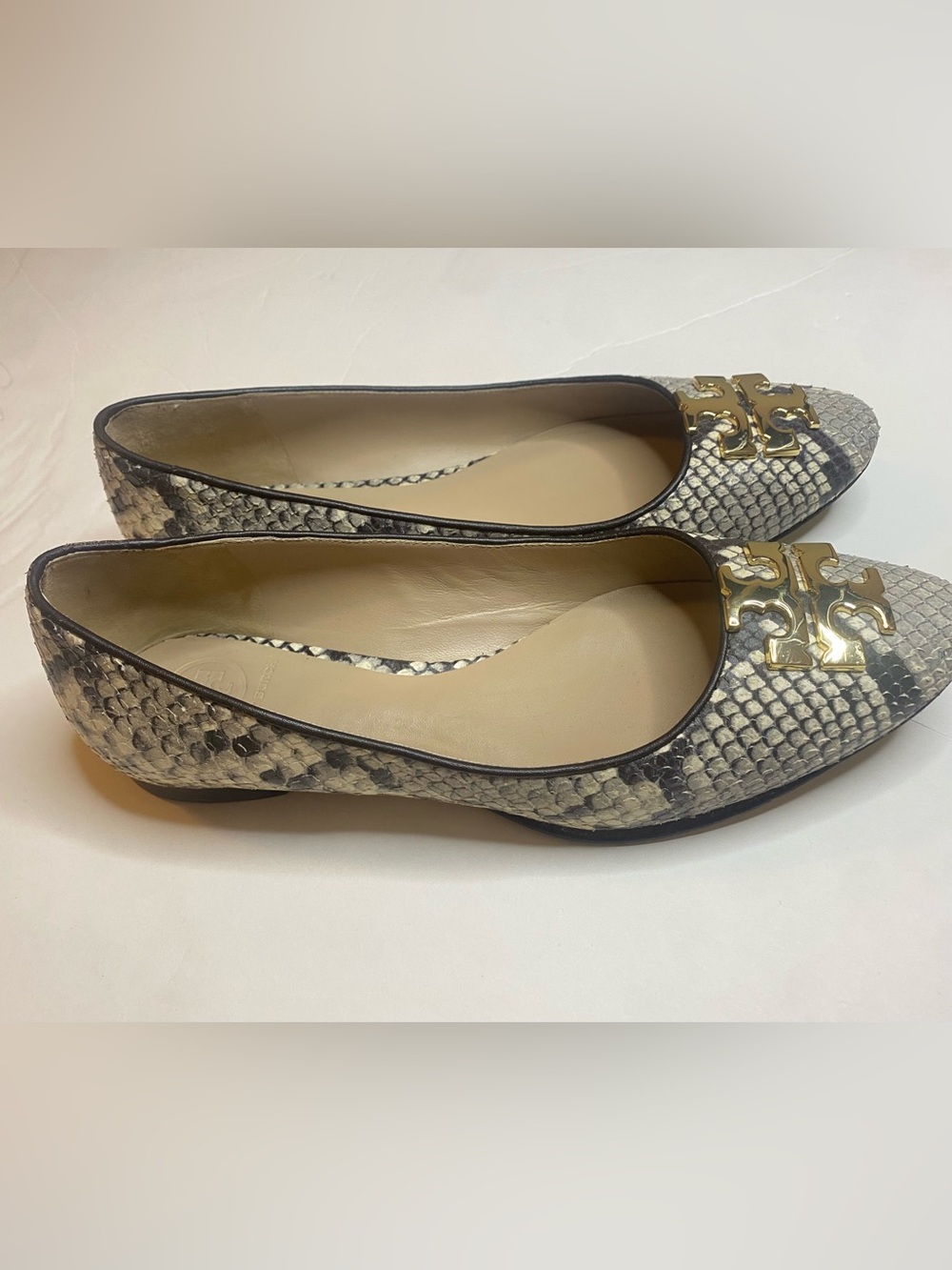Tory Burch Reva Ballet Flats Python Embossed Leather Gold Logo Snake Print 6.5M